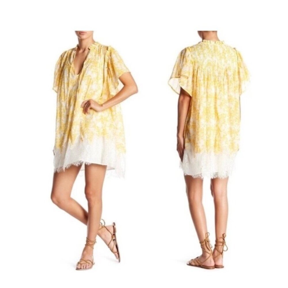 Free People Marigold Floral Mini Tunic Dress Womens M Lace Hem Boho Fairy Flowy